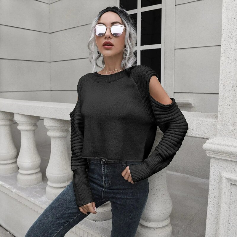 2024 nuove donne di moda Sexy con spalle scoperte tinta unita manica lunga maglione lavorato a maglia corto donna maglione lavorato a maglia Casual Pullower