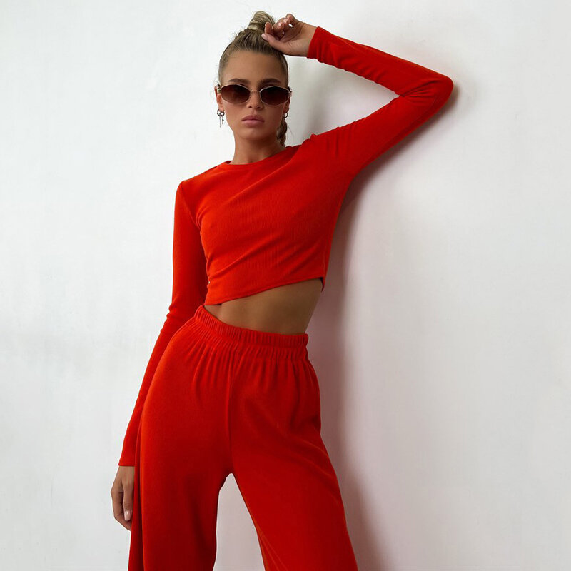 2 Pieces Sexy Sleepwear Women's Pajamas Set with Crop Top Wide Leg Trousers Sports Suits for Women Long Tracksuit Loungewear Pjs