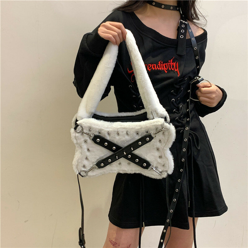 Handbags Bag Rivet Plush Shoulder For Women Style Handheld Crossbody High-Quality Messenger Versatile Luxury Casual Female Y2k