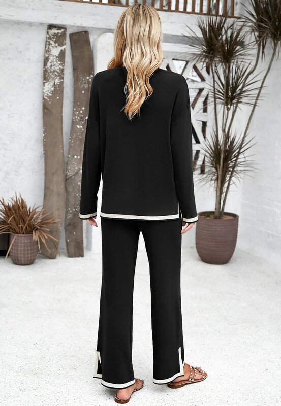 YEAE Solid Color Knit Long Sleeve Long Pants Set Loose Long Sleeve Top and Straight Wide Leg Pants Temperament Elegant Commuter