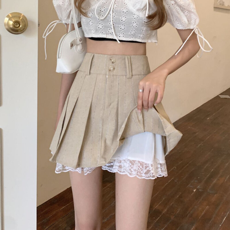 Deeptown Korean Fashion Elegant Pleated Mini Skirt Women Lace Sweet High Waist Skirts Solid Patchwork Preppy Ruffle Short Skirt