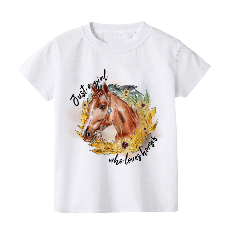 Camiseta con estampado de Just A Girl Who Loves Horses para niños, camisa de manga corta para niñas, ropa bonita, regalo para niños, camiseta de verano para niños