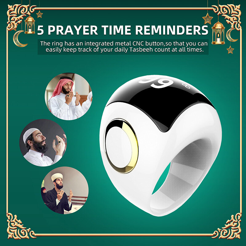 CeramiC 전자 지키르 반지 카운터, 아잔 알람, 스마트 Tasbeeh Zikr 반지, 기도 시간 알림, 이슬람 선물