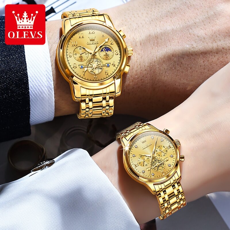 Новинка 2024, роскошные часы OLEVS из нержавеющей стали для влюбленных, модные золотые кварцевые часы для мужчин и женщин, наручные часы для влюбленных пар