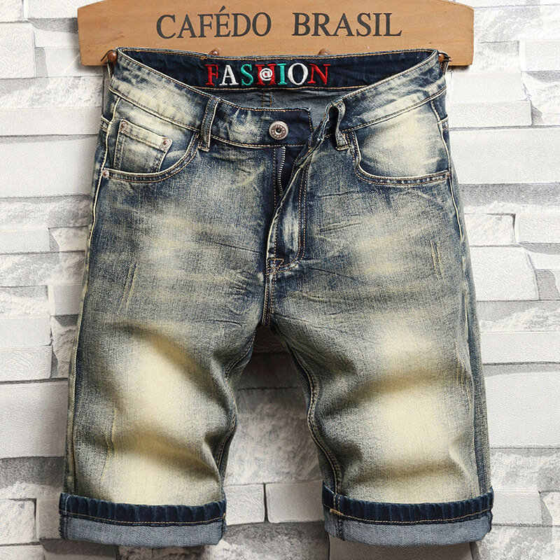 Мужские джинсовые шорты в стиле ретро, повседневные облегающие прямые укороченные брюки в потертом стиле, лето 2024