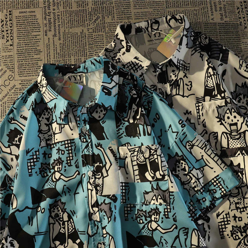 Japanse Cartoon Gedrukt Button Up Shirt Vrouwen Koppels Korte Mouw Blouses Vintage Bloemen Chiffon Vrouwen Zomer