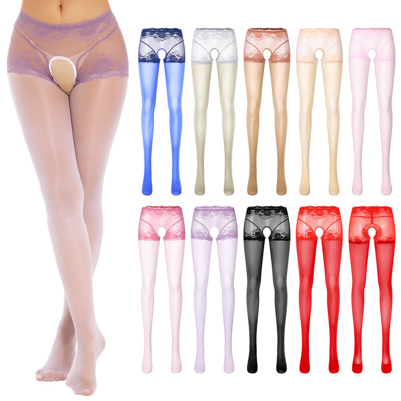 Womens Open Crotch Pantyhose Oil Glossy Stockings See-Through Floral Lace Patchwork Leggings Sexy Lady Elastic Cutout Tights