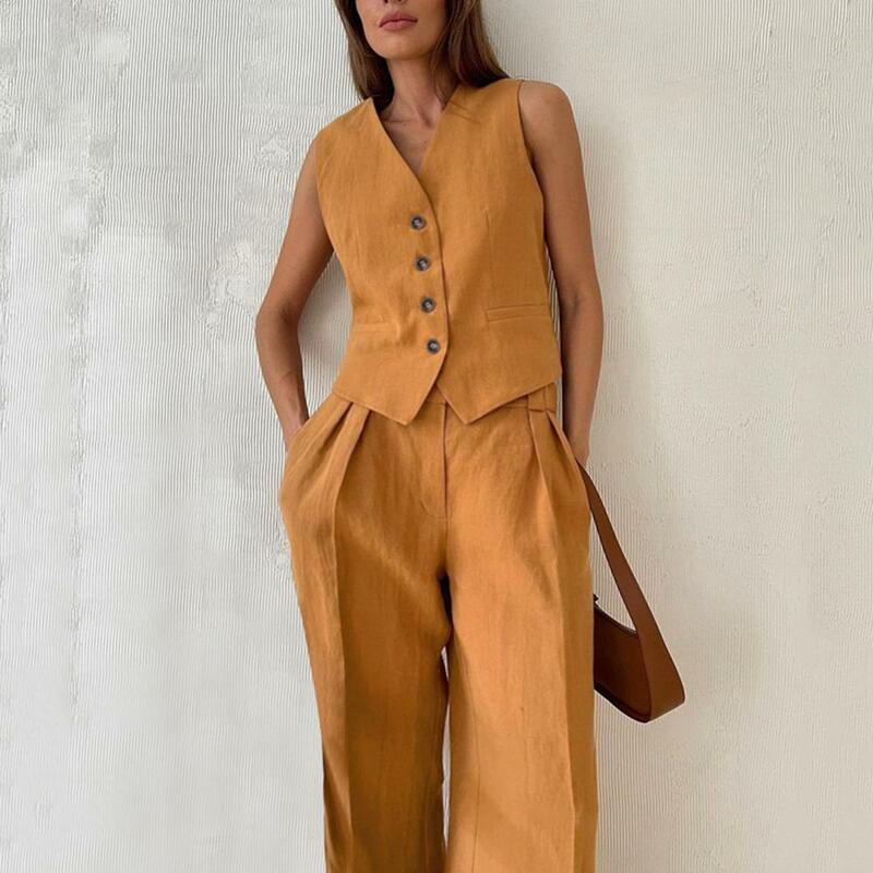 Wide-leg Pants Suit Women Two-piece Suit Women's Sleeveless V-neck Vest Straight Trousers Set with Elastic Waist Side for Daily