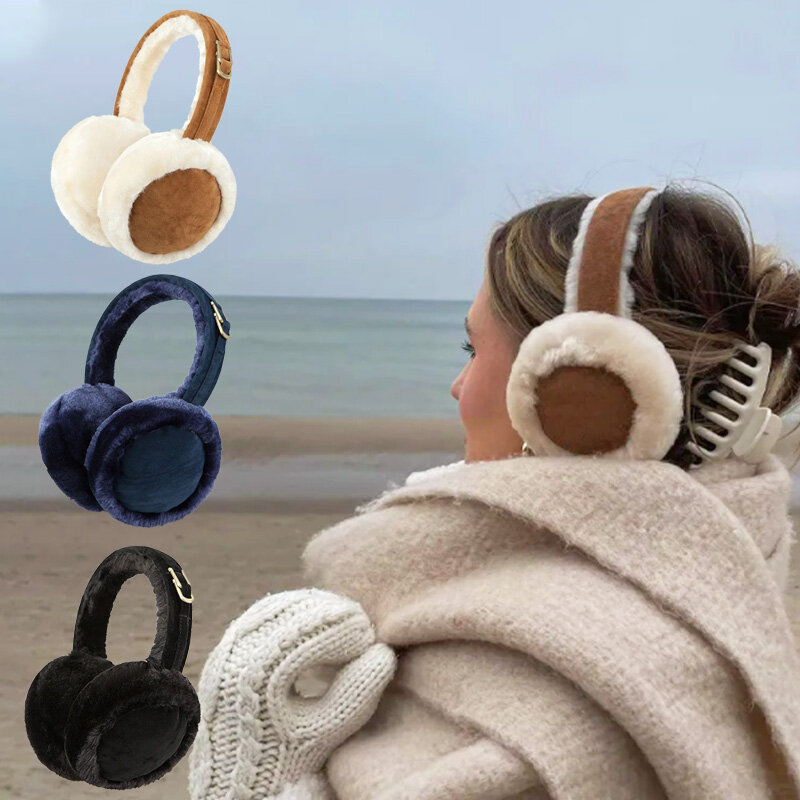 Modne zimowe pluszowe ciepłe nauszniki dla kobiet składane na zewnątrz jednolite kolorowe nauszniki miękkie Faux futerko osłona uszu nauszniki