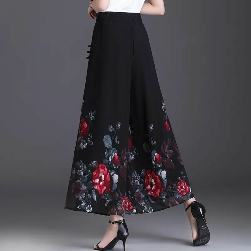 Summer Chinese Style Vintage Chiffon Wide Leg Pants Women High Waist Print Patchwork Pocket Button Straight Cropped Trousers