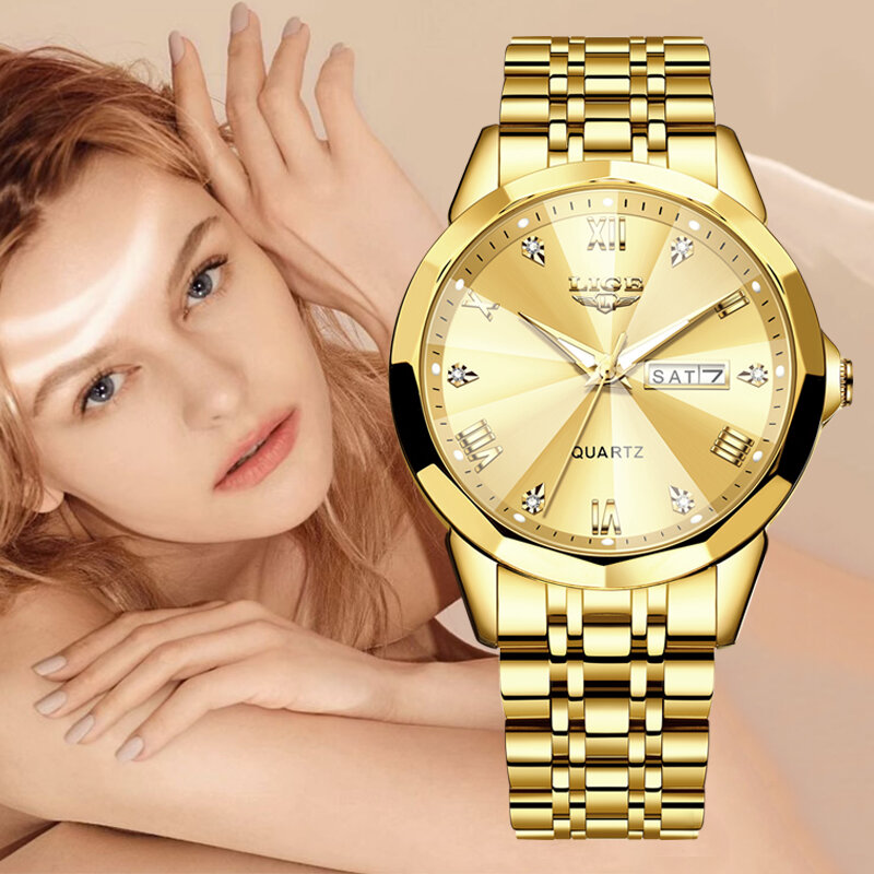 LIGE Ladies Wristwatch Luxury Waterproof Luminous Date Gold Watch For Women Dress Stainless Steel Quartz Women's Watches+Box