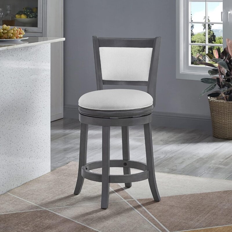Upholstered Swivel Counter Stools Kitchen Bar Stools 24" Seat Height Wooden Stool Chair, Cream White Set of 1