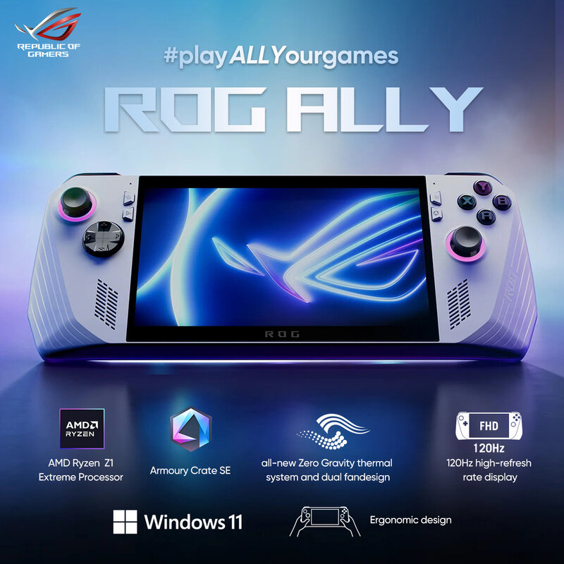 ASUS-Console de jeu rétro ROG Ally d'origine, jeu vidéo AMD Ryzen Z1 Extreme, Windows 11, 120Hz, FHD, IPS, 7 pouces, 512 Go