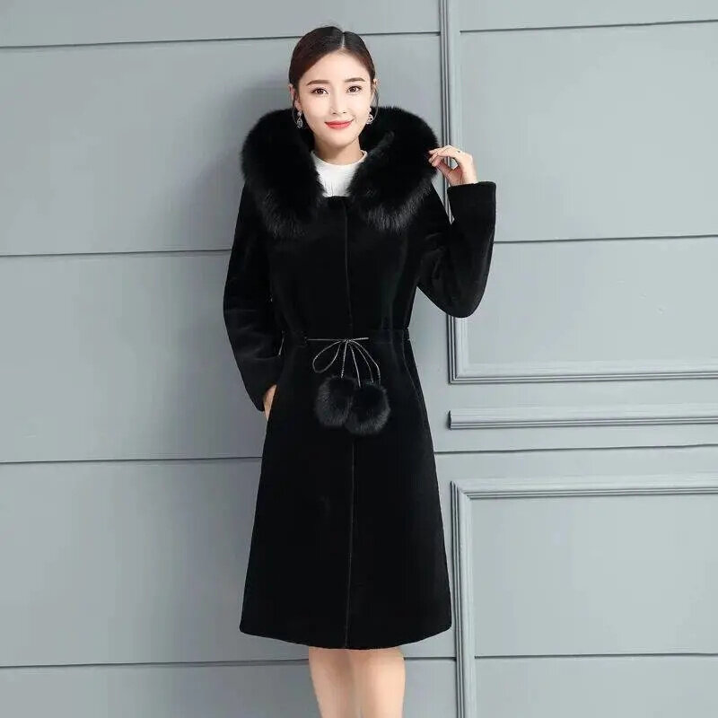 Faux Mink Coat Women's Mid Length Autumn Winter Mink Fleece Faux Fur Hooded Coat Middle aged Female New Large Thickened