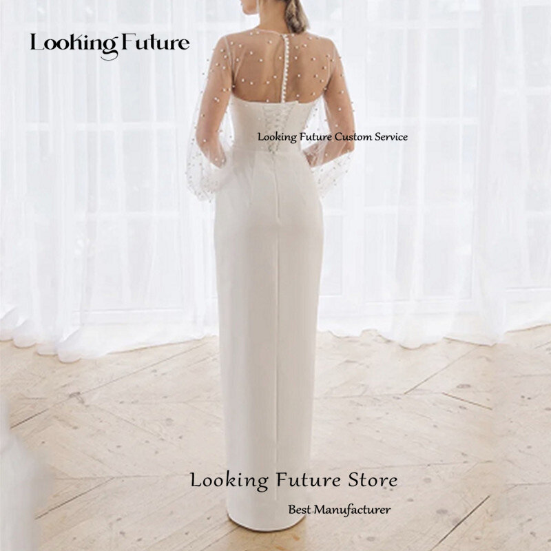Simple Sheat Satin Wedding Dress O-Neck Tulle Illusion Long Sleeves Backless Lace Up High Slit Bridal Grown vestido de noiva2024