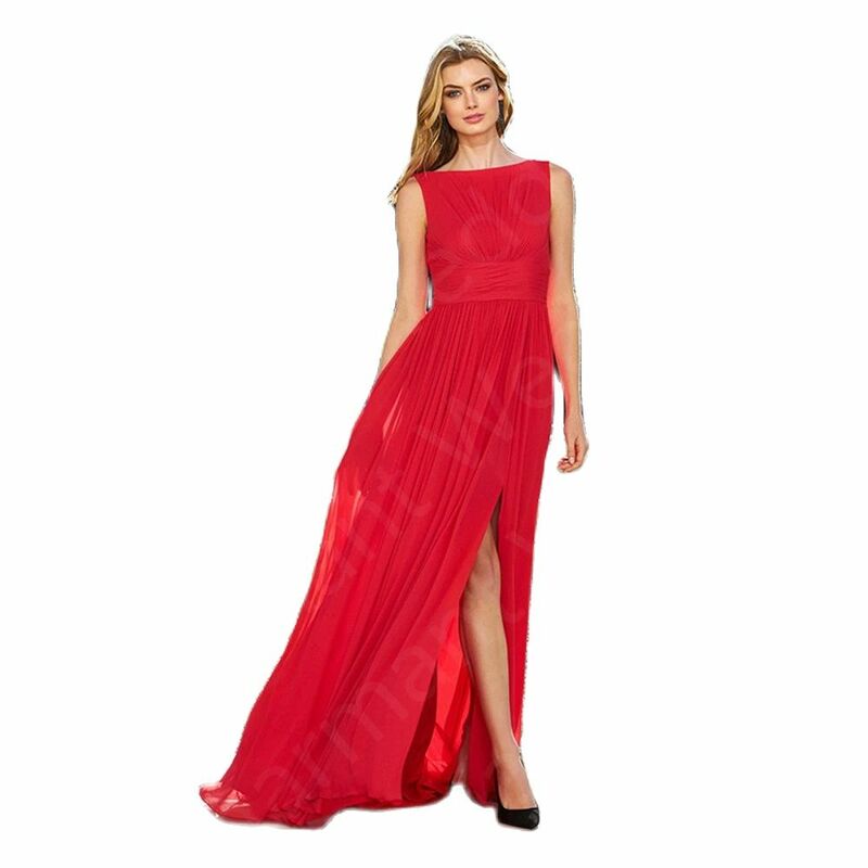 Urocza gorąca wyprzedaż czerwona sukienki druhen długa druhna bez rękawów wesele boczne rozcięcie kobiety ubierają się z powrotem na zewnątrz