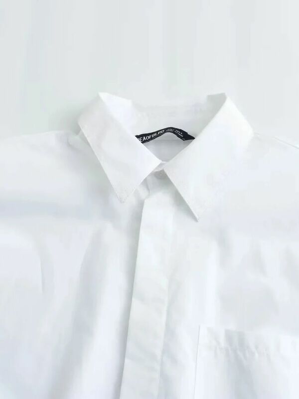 XNWMNZ 2024 Женская модная укороченная Поплиновая рубашка, Женская Повседневная рубашка с отворотом и коротким рукавом, карман, передняя пуговица, Универсальный женский топ