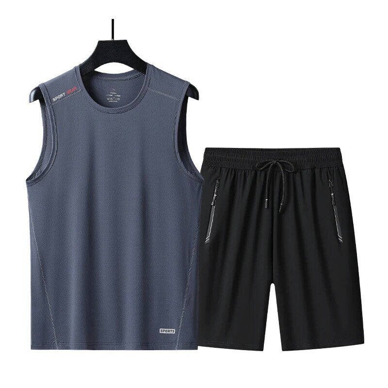 2024 Fashion Solid Two Piece Men‘s Breathable O-Neck Tops and Shorts Outfits Summer Sleeveless Casual Simplicity Sets Streetwear