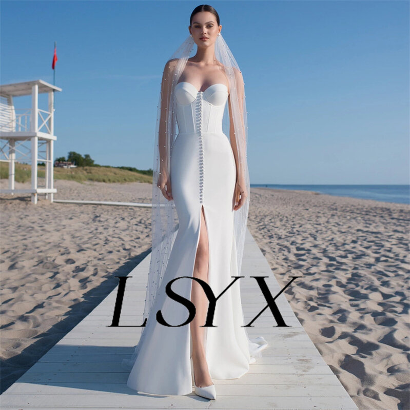 Lsyx-結婚式用のストラップレスの人魚のドレス,ボタン付き,ジッパー付きバック,床の長さ,カスタムメイド