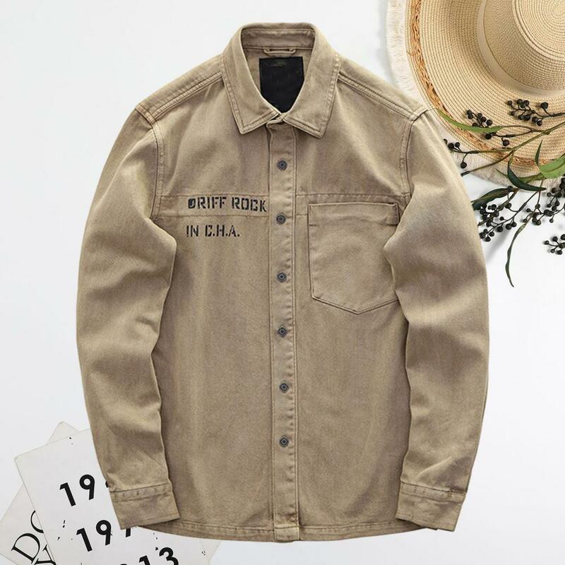 Men Shirt Coat Cargo Shirt Single-breasted Turn-down Collar Long Sleeve Streetwear Vinatge Patch Pocket Men Spring Fall Coat