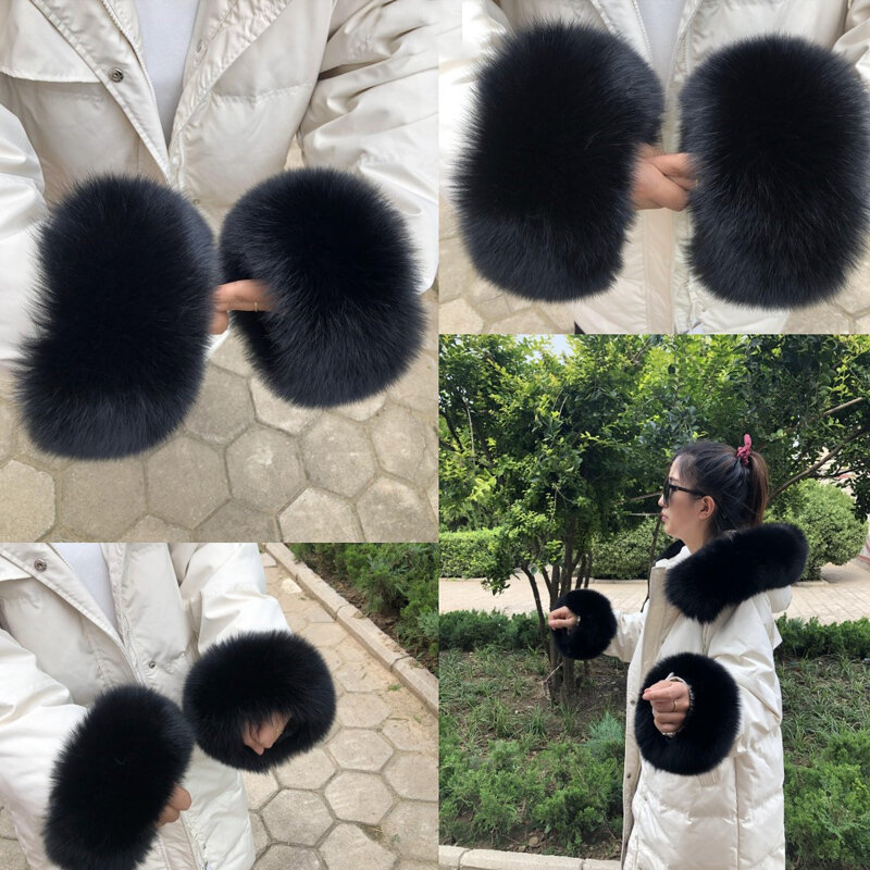 Real Fox Fur Cuff  Wrist Large Size Fluffy Real Fox Fur Cuffs Sleeves For Women Luxury Winter Warmer Arm Wrist Sleeves