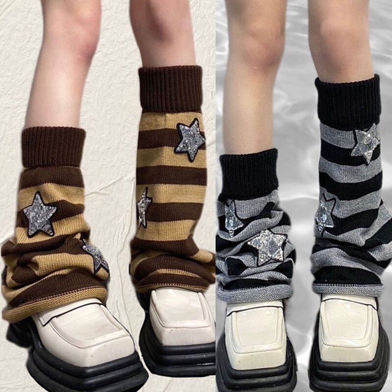 Winter Autumn Knitted Leg Warmers Cute Sequins Star Appliques Striped Foot Leg Covers Baggy Knee High Socks for Women M6CD