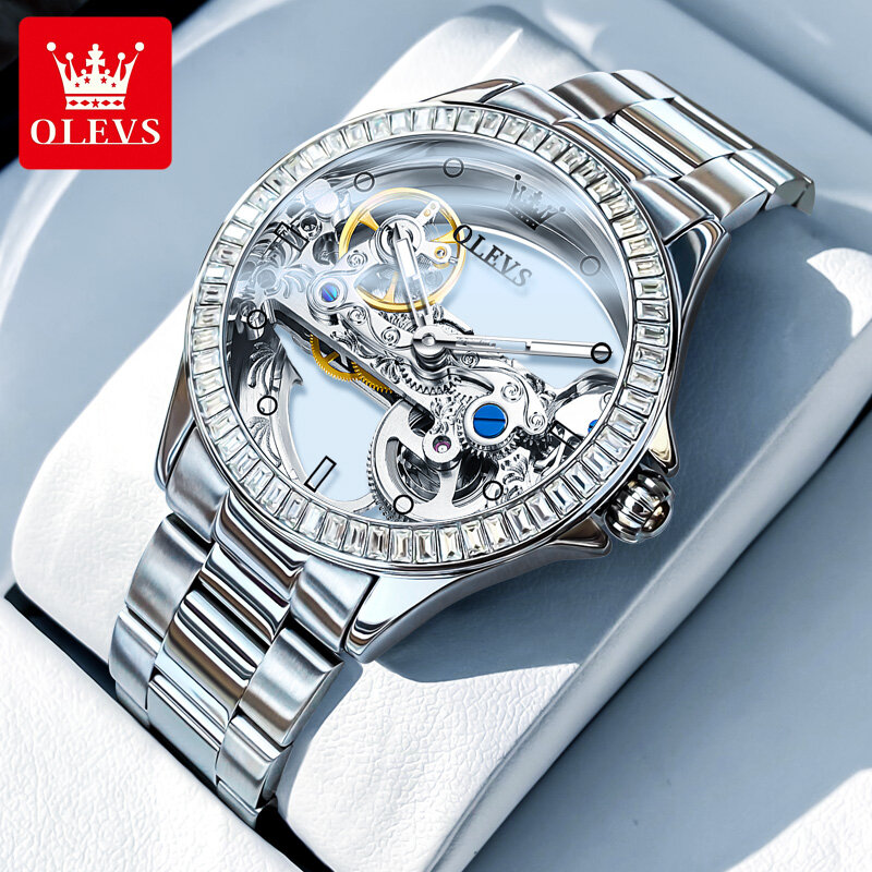 Najlepsze damskie zegarki OLEVS Full Hollow Tourbillon automatyczny mechanicl modny świecący wodoodporny zegarek na rękę Reloj mujer