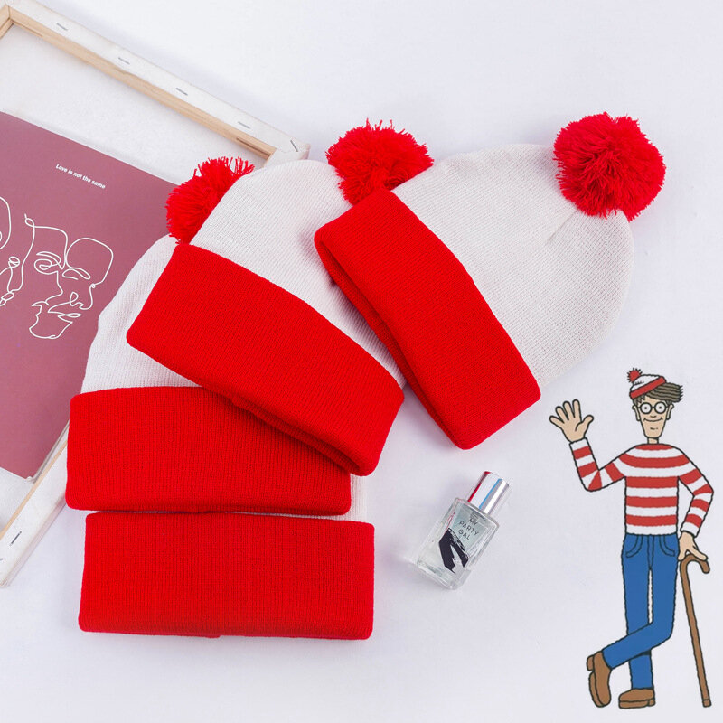 Where's Waldo 레드 화이트 니트 모자, 코스프레 할로윈 크리스마스 선물, 따뜻한 두꺼운 모자, 남녀 발렌타인 모자, 겨울