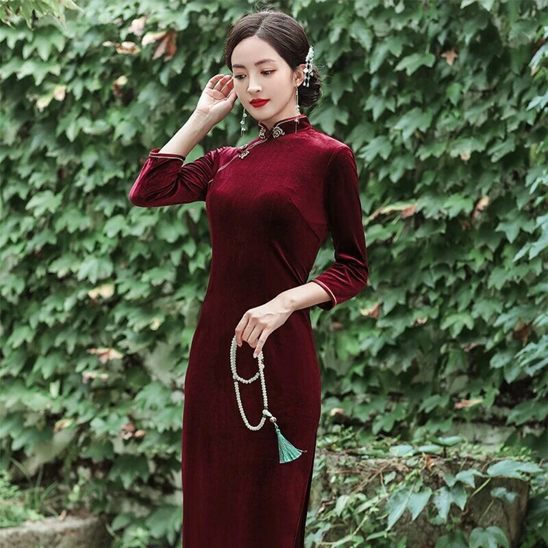 Cheongsam-vestido Qipao Retro de estilo chino para chica joven, vestido largo medio para fiesta diaria, 2022