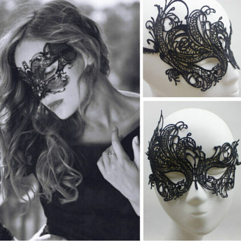 Máscara sexy de renda para senhoras, mascarada veneziana, baile de máscaras, festa de Halloween, vestido extravagante, adereços, renda preta, máscara facial oca