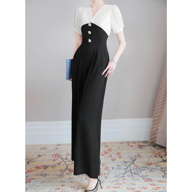 2024 Spring/Summer New Ethnic Style Fashion Pathwork Wide Leg Jumpsuit Short Sleeve European and American Women's Rompers T94
