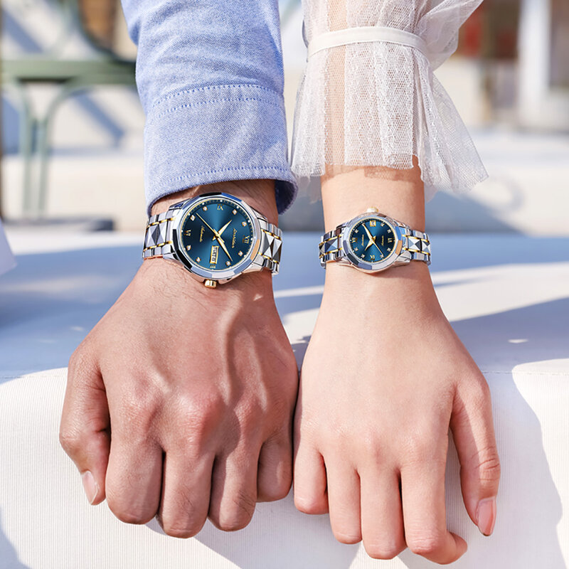 JSDUN-Relógios automáticos de luxo para casal, relógio de pulso mecânico masculino e feminino, relógio safira cristal impermeável, par de presentes