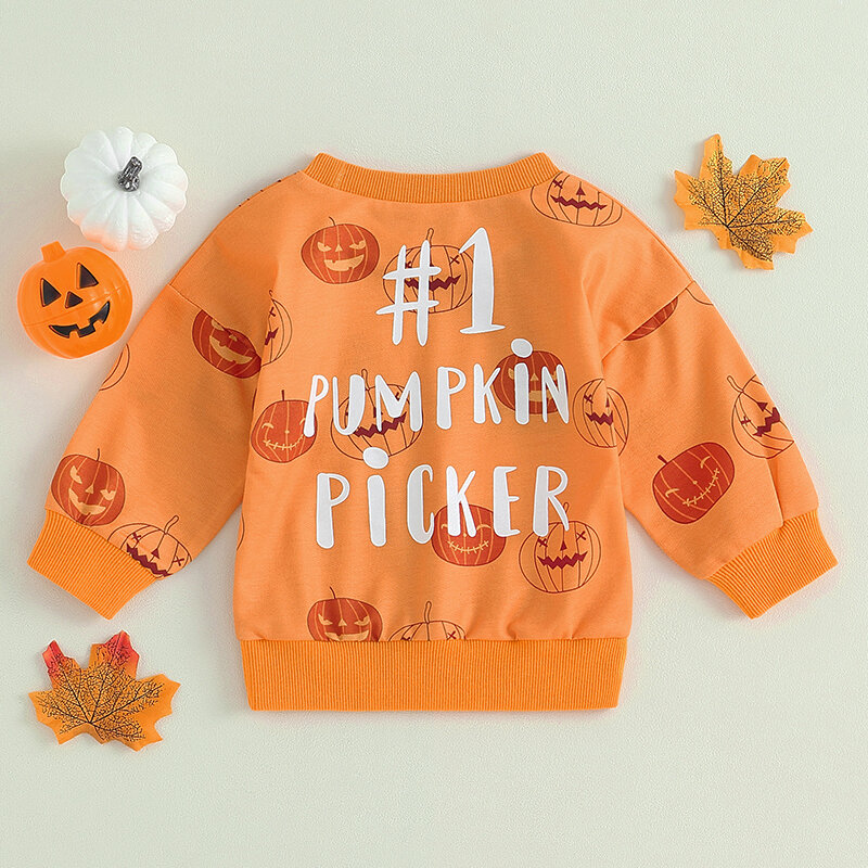 Toddler Baby Boys Girl Halloween Sweatshirts Orange Long Sleeve Letter Pumpkin Print Pullover Crew Neck Tops