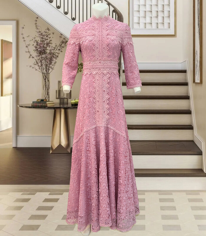 Modisches rosa Spitzen kleid unregelmäßiges Kleid High Low Fit langes Kleid