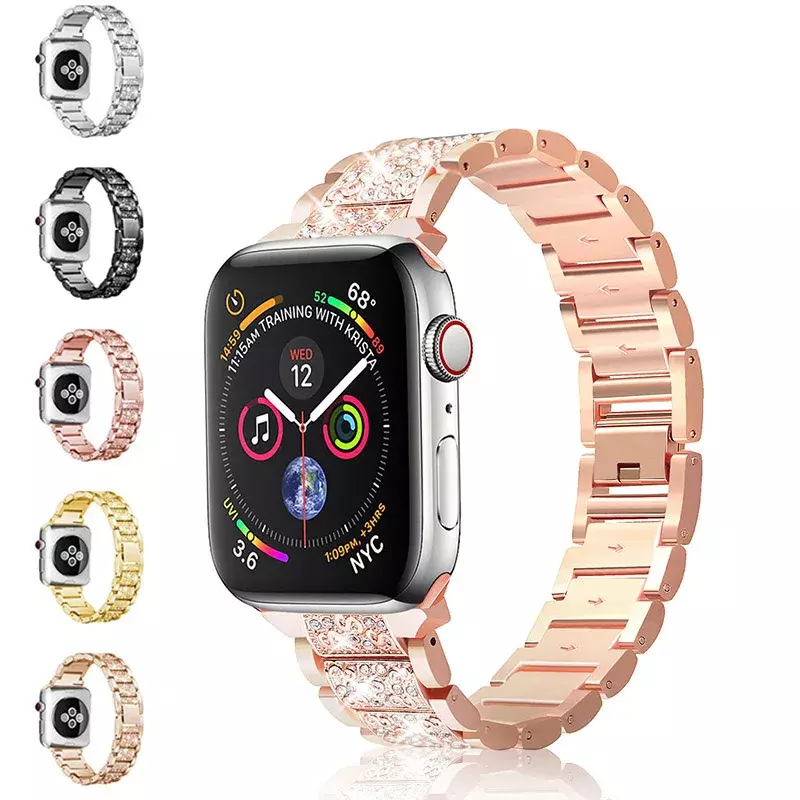 Pasek ze zegarek ze stali nierdzewnej z wstawką z kryształu górskiego do zegarka Apple Series 7/8/SE/Ultra 41mm/45mm/49mm bransoletka dekoracyjna