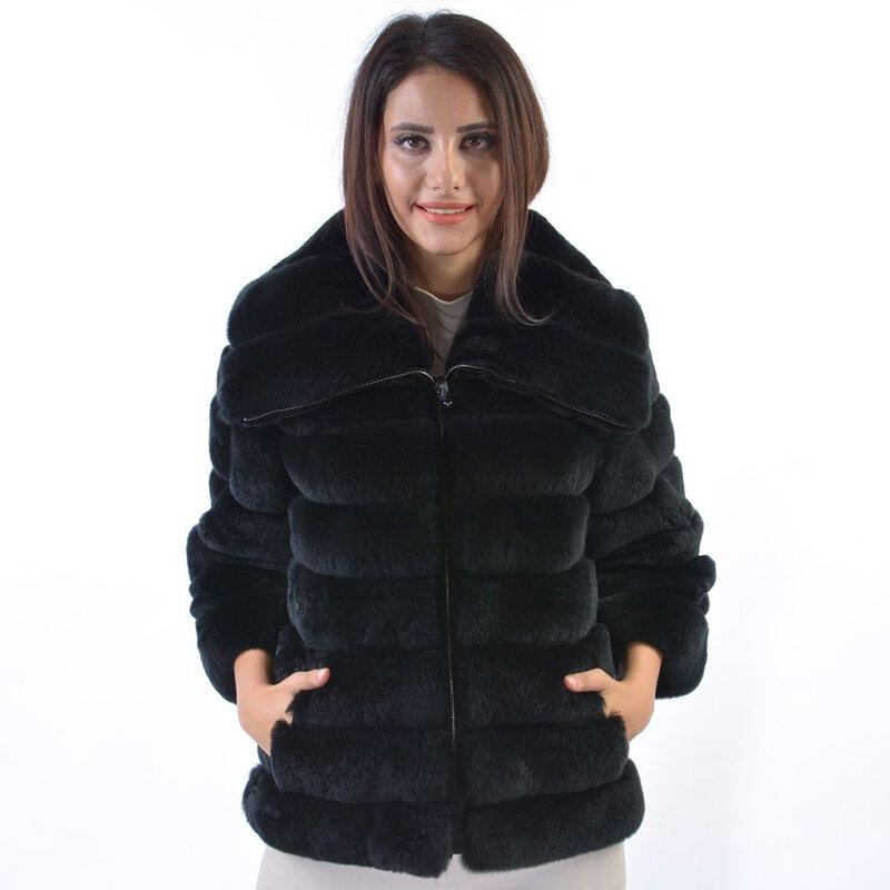 Vestes en fourrure de lapin Rex naturel pour femmes, manteau en fourrure véritable avec fermeture éclair, manteau court d'hiver, haute qualité