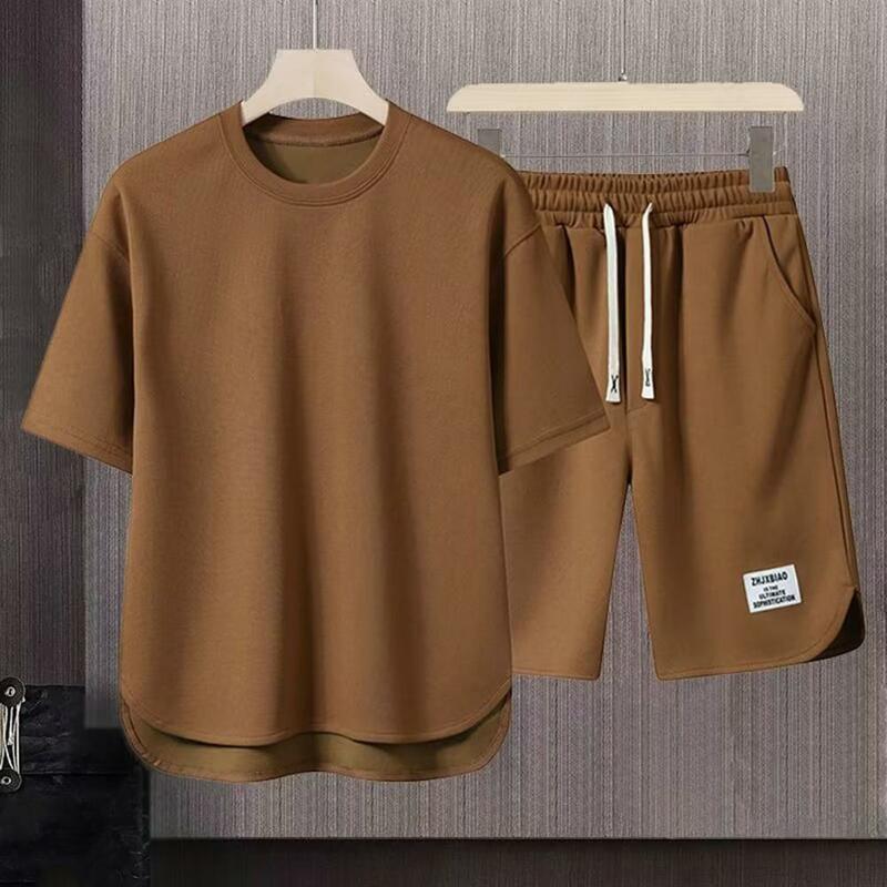 Conjunto de sudadera y pantalones cortos para hombre, traje informal de verano, camiseta de manga corta con cuello redondo, cintura ancha con cordón elástico