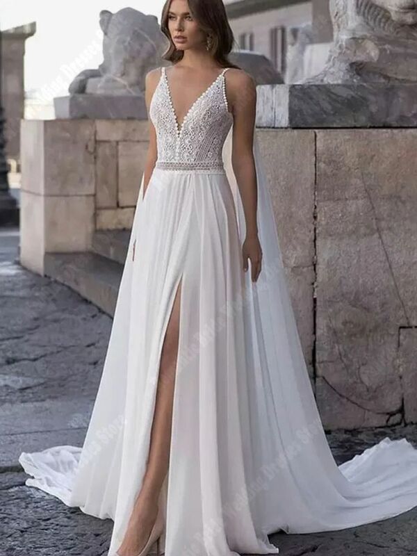 섹시한 브이넥 얇은 명주 그물, 로맨틱 웨딩 드레스, 인기있는 민소매 신부 걸레질 길이 공주 드레스, 신상 목록