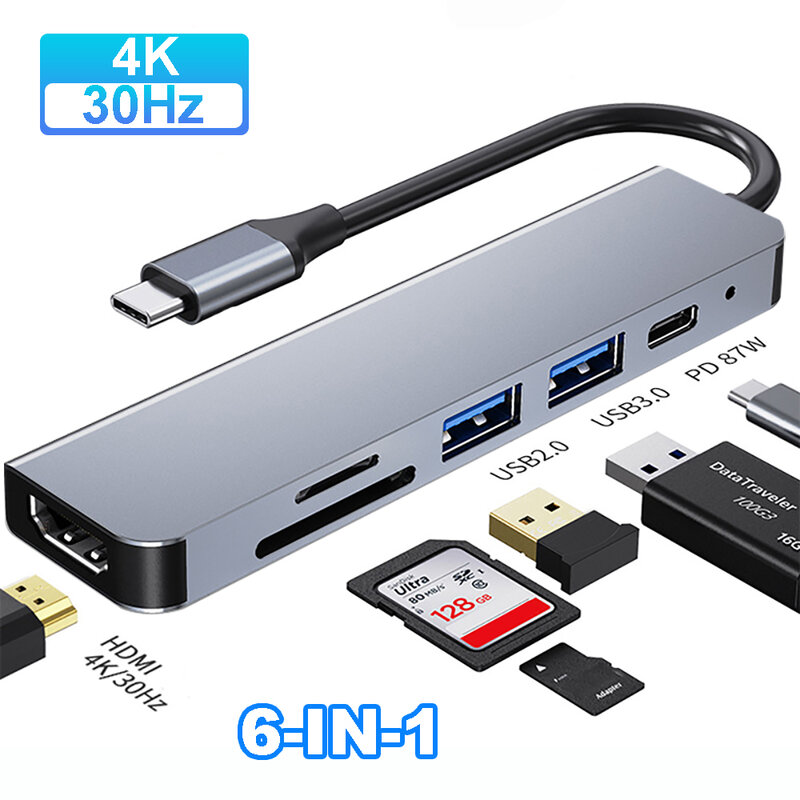Concentrador de red USB tipo C 4K, 30Hz, compatible con HDMI, PD, 87W, divisor USB, adaptador USB para Macbook Air Pro, HUB USB 3,0, TF, SD, convertidor múltiple
