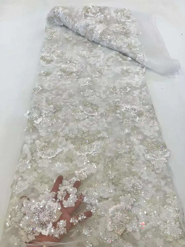 Kain renda payet Afrika 2024 kualitas tinggi kain jala manik-manik renda 5 yard untuk gaun pesta pernikahan wanita