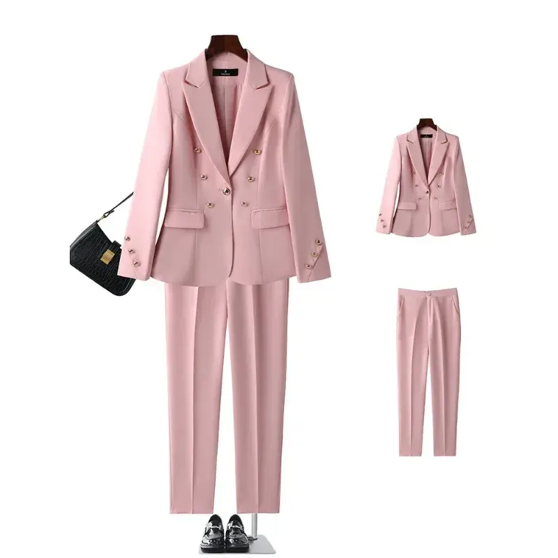 Celana hitam putih merah muda wanita, setelan Blazer dan celana panjang dekorasi kancing, pakaian kerja kantor wanita 2 potong