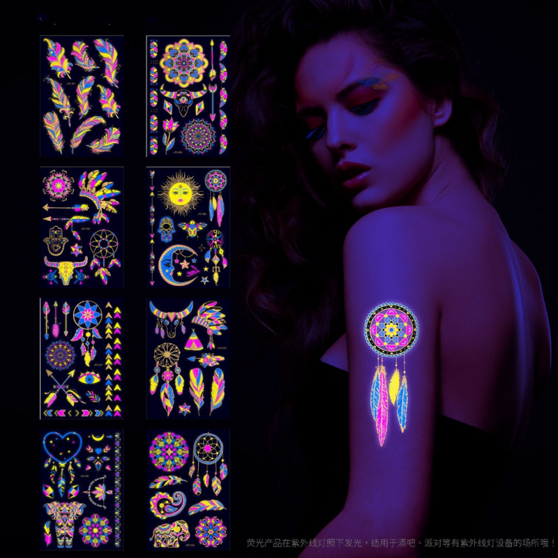 Tatouages Temporaires Créatifs Fluorescents pour Femme, Faux Tatouage, Autocollant Visage, Plume Imperméable, Art Corporel