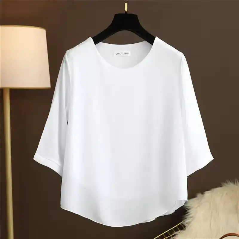 YUQI Oversized M-5XL luźna krótka rękaw szyfonowa bluzka damska bluzka z okrągłym dekoltem 2022 lato wytrzymałe topy na co dzień moda damska koszule