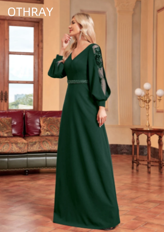 Robe de cocktail élégante à col en V pour femme, appliques de luxe, manches longues, longueur au sol, vert, robe de soirée formelle, 2024