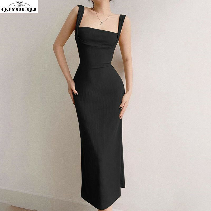 Женское платье с открытой спиной, черное приталенное платье на бретелях, весна-лето 2024