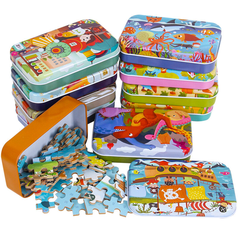 Mainan Puzzle kayu 60 potong, untuk anak-anak, kendaraan kartun, hewan, kayu, Jigsaw, mainan pendidikan bayi, hadiah anak