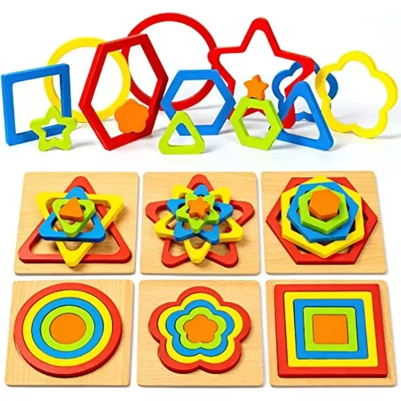Montessori Shape Sorting Puzzle para crianças, Haste Sensorial de Madeira Pré-Escolar, Brinquedos Educativos para Crianças, Presentes Infantis
