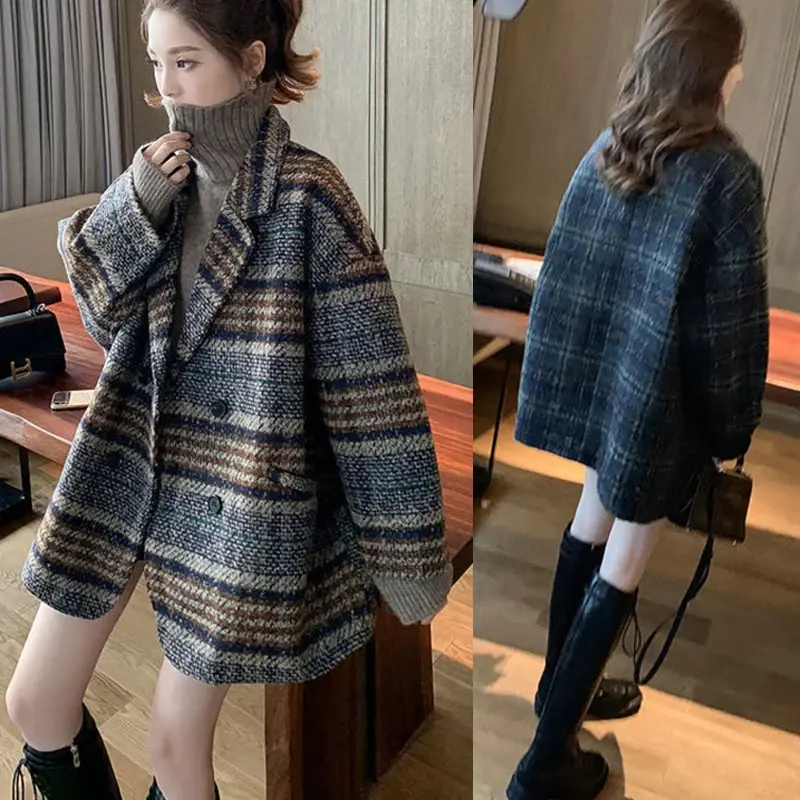 Outono inverno cashmere xadrez jaqueta feminina 2022 coreano solto duplo breasted jaqueta de algodão curto clássico do vintage marrom