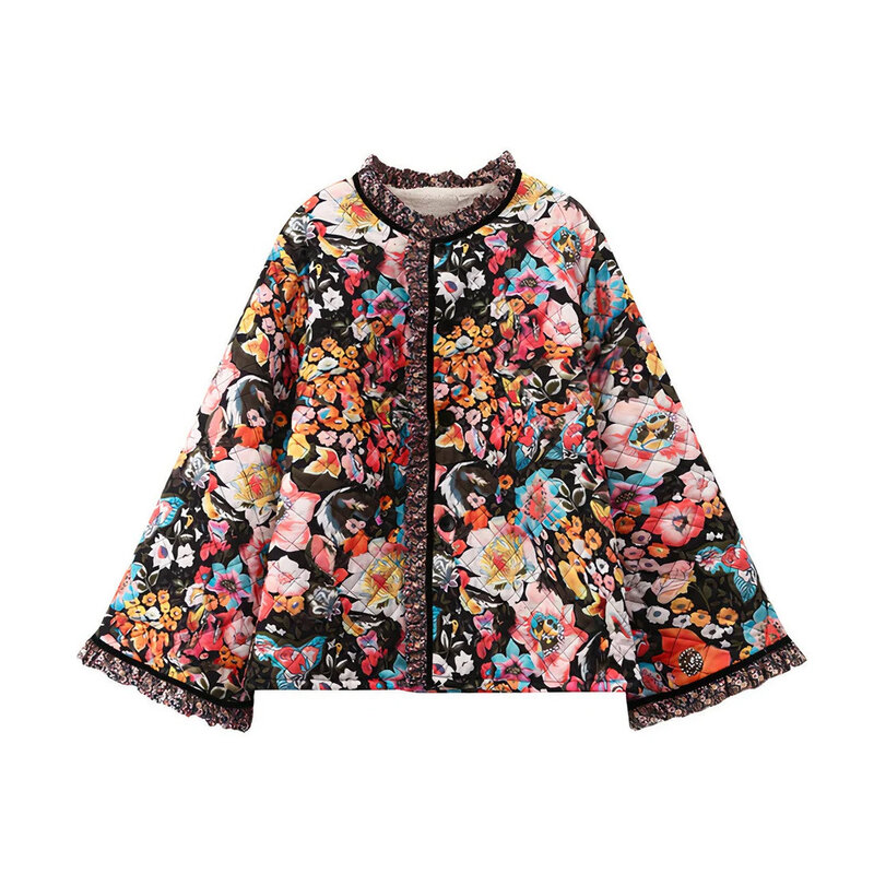 Куртка Chamliforve женская с цветочным принтом, модное плотное теплое хлопковое пальто с длинным рукавом, уличная одежда, осень-зима 2023