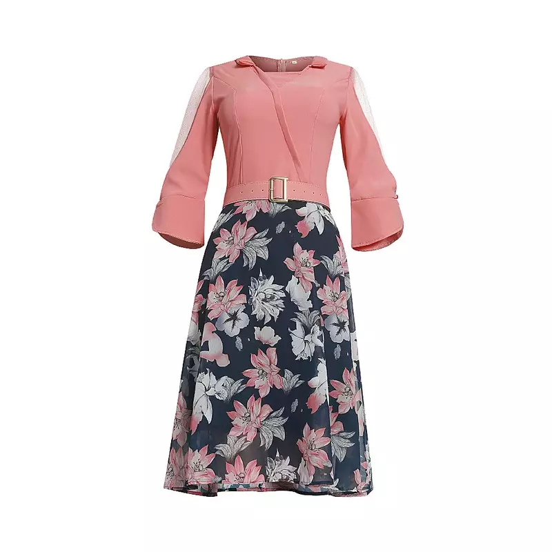 2023 New Spliced Floral Skirt Casual Fashion Seven-point Sleeve Chiffon A-line Skirt Women's Large Size 399#